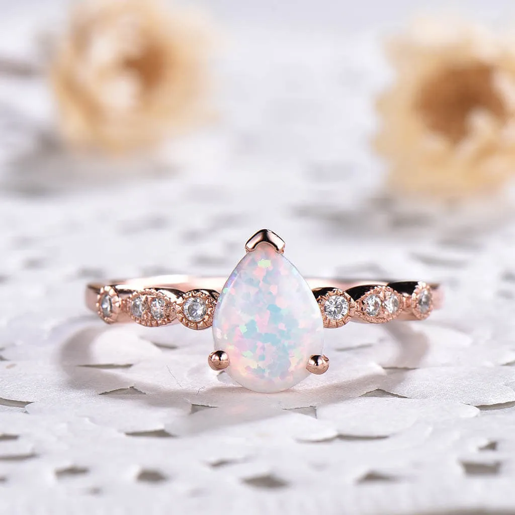 5X7 mm Pear Shaped Opal Diamond Engagement Ring Classic Rose Gold