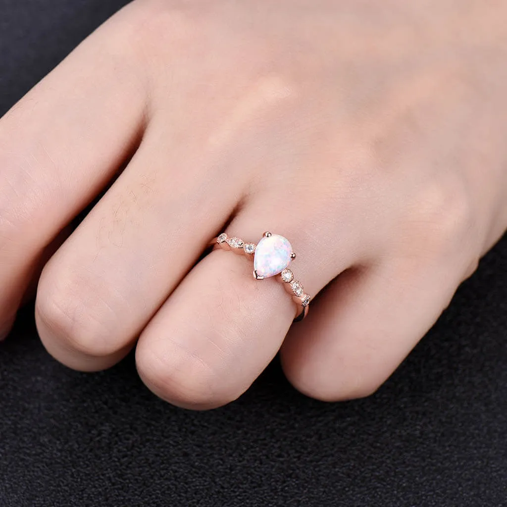 5X7 mm Pear Shaped Opal Diamond Engagement Ring Classic Rose Gold