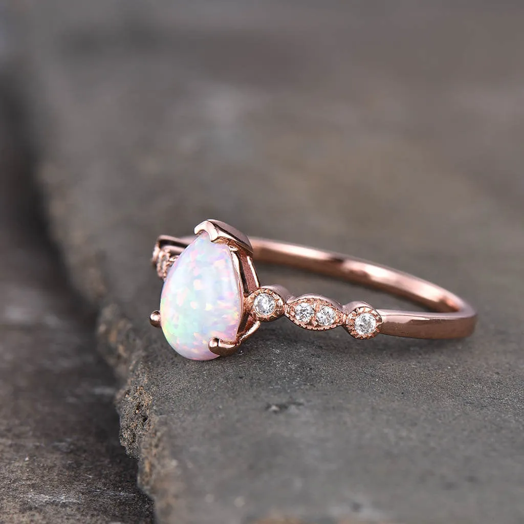 5X7 mm Pear Shaped Opal Diamond Engagement Ring Classic Rose Gold