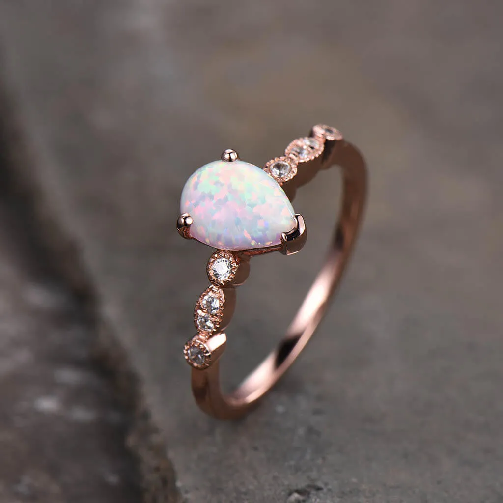 5X7 mm Pear Shaped Opal Diamond Engagement Ring Classic Rose Gold