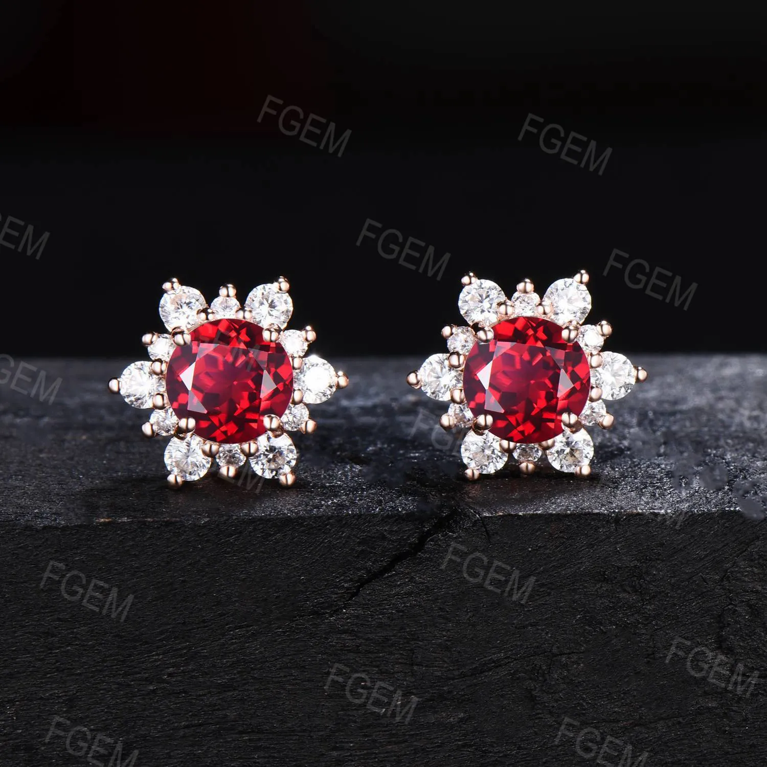 6.5mm Round Ruby Stud Earrings Art Deco Cluster Ruby Earrings Red Gemstone Bridal Earrings July Birthstone Jewelry Anniversary Gift for Her