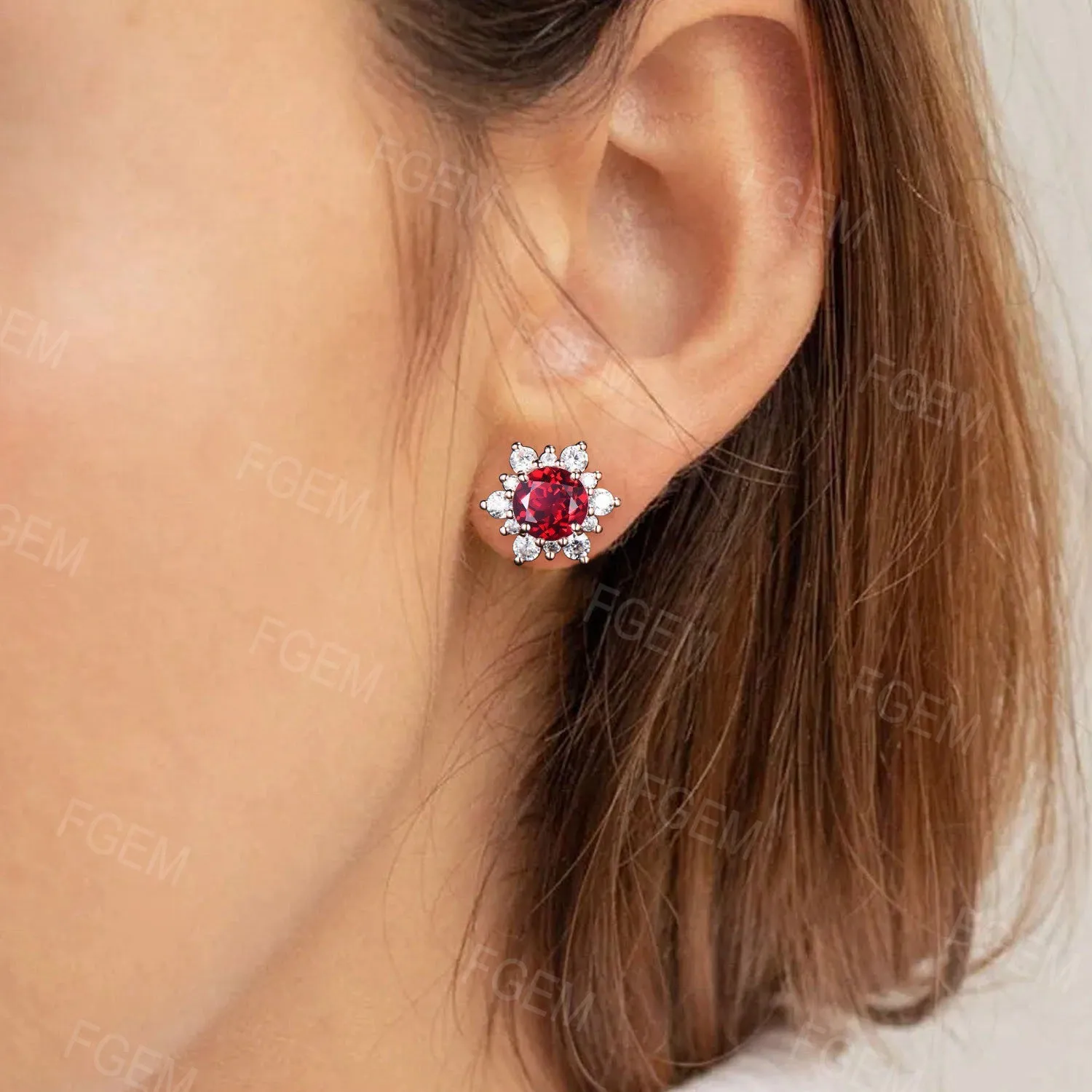 6.5mm Round Ruby Stud Earrings Art Deco Cluster Ruby Earrings Red Gemstone Bridal Earrings July Birthstone Jewelry Anniversary Gift for Her