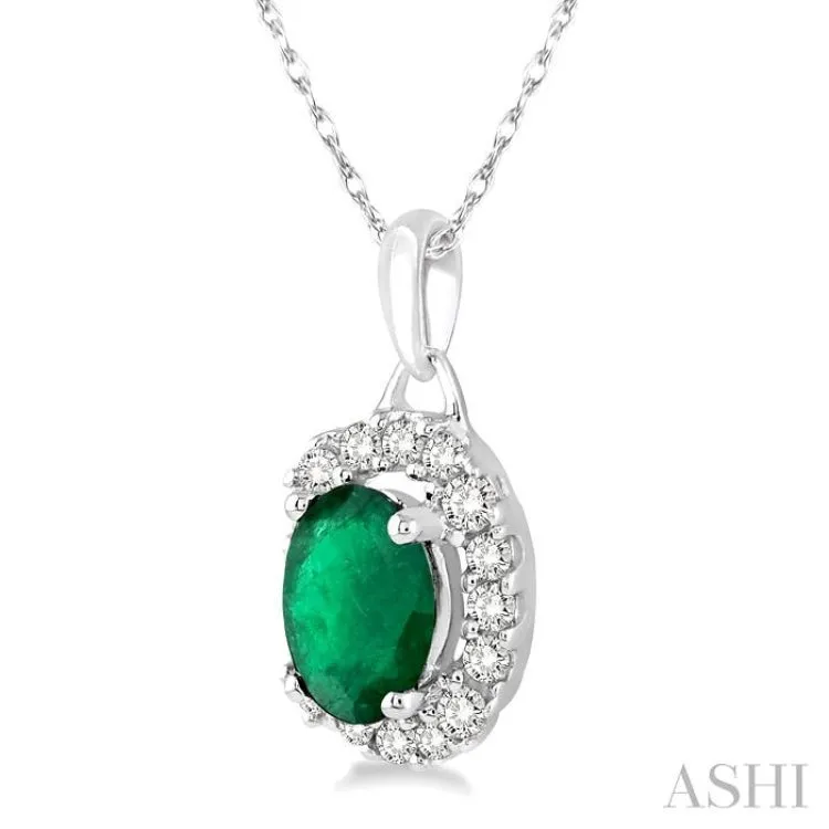 6x4 MM Oval Cut Emerald and 1/6 Ctw Round Cut Diamond Pendant in 14K White Gold with Chain