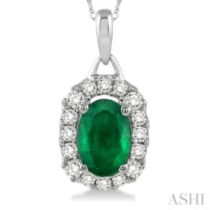 6x4 MM Oval Cut Emerald and 1/6 Ctw Round Cut Diamond Pendant in 14K White Gold with Chain