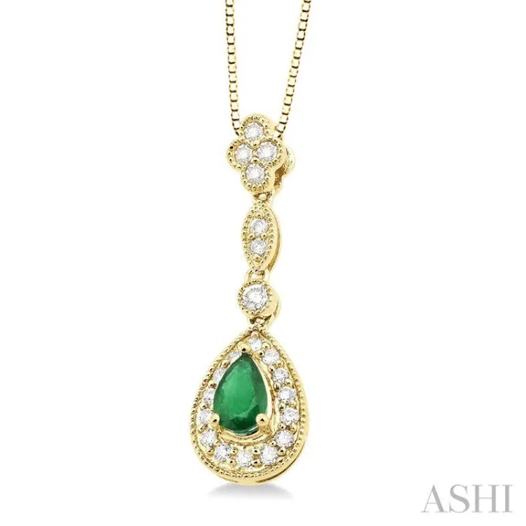 6x4MM Pear Shape Emerald and 1/4 Ctw Round Cut Diamond Pendant in 14K Yellow Gold with Chain