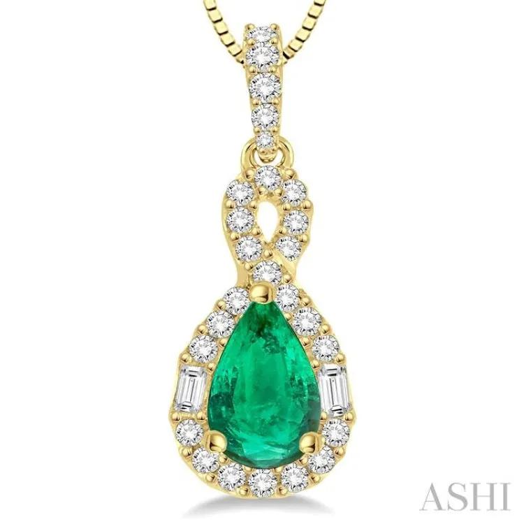 7x5 MM Pear Shape Emerald and 1/3 Ctw Diamond Precious Pendant in 14K Yellow Gold with Chain