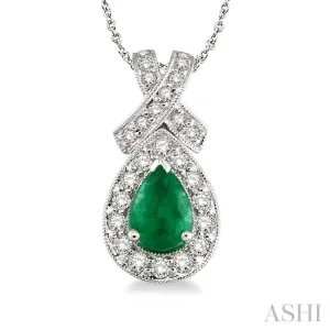 7x5mm Pear Shape Emerald and 1/2 Ctw Round Diamond Precious Pendant in 14K White Gold with chain