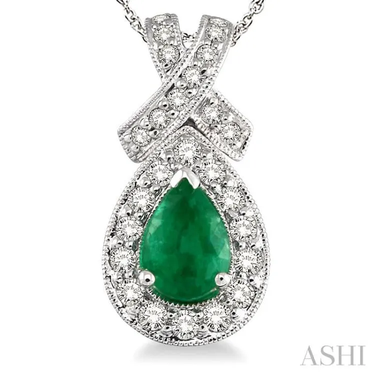 7x5mm Pear Shape Emerald and 1/2 Ctw Round Diamond Precious Pendant in 14K White Gold with chain