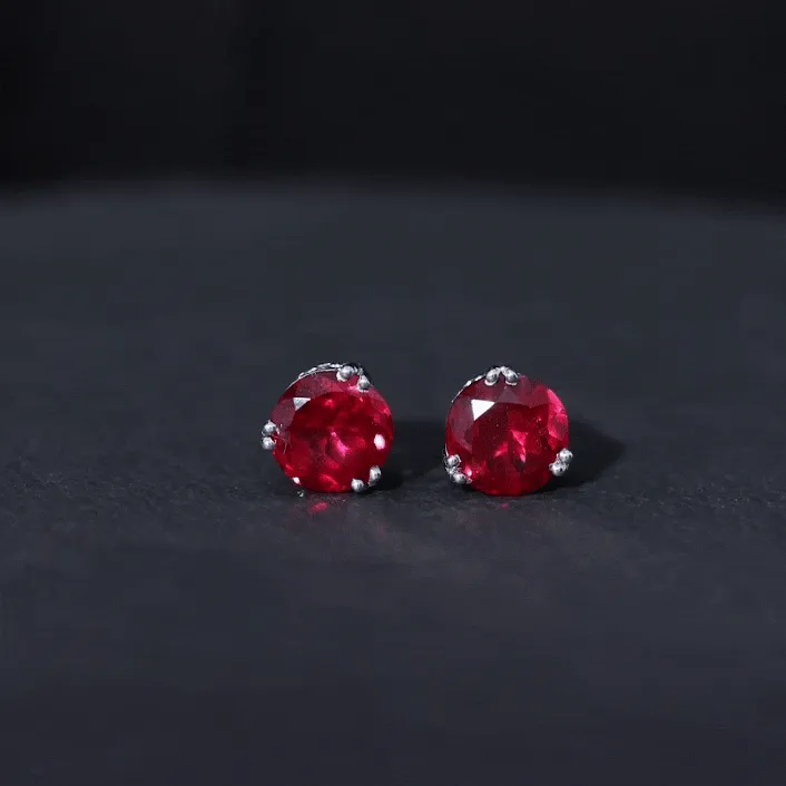 8 MM Lab Created Ruby Solitaire Silver Stud Earrings for Women