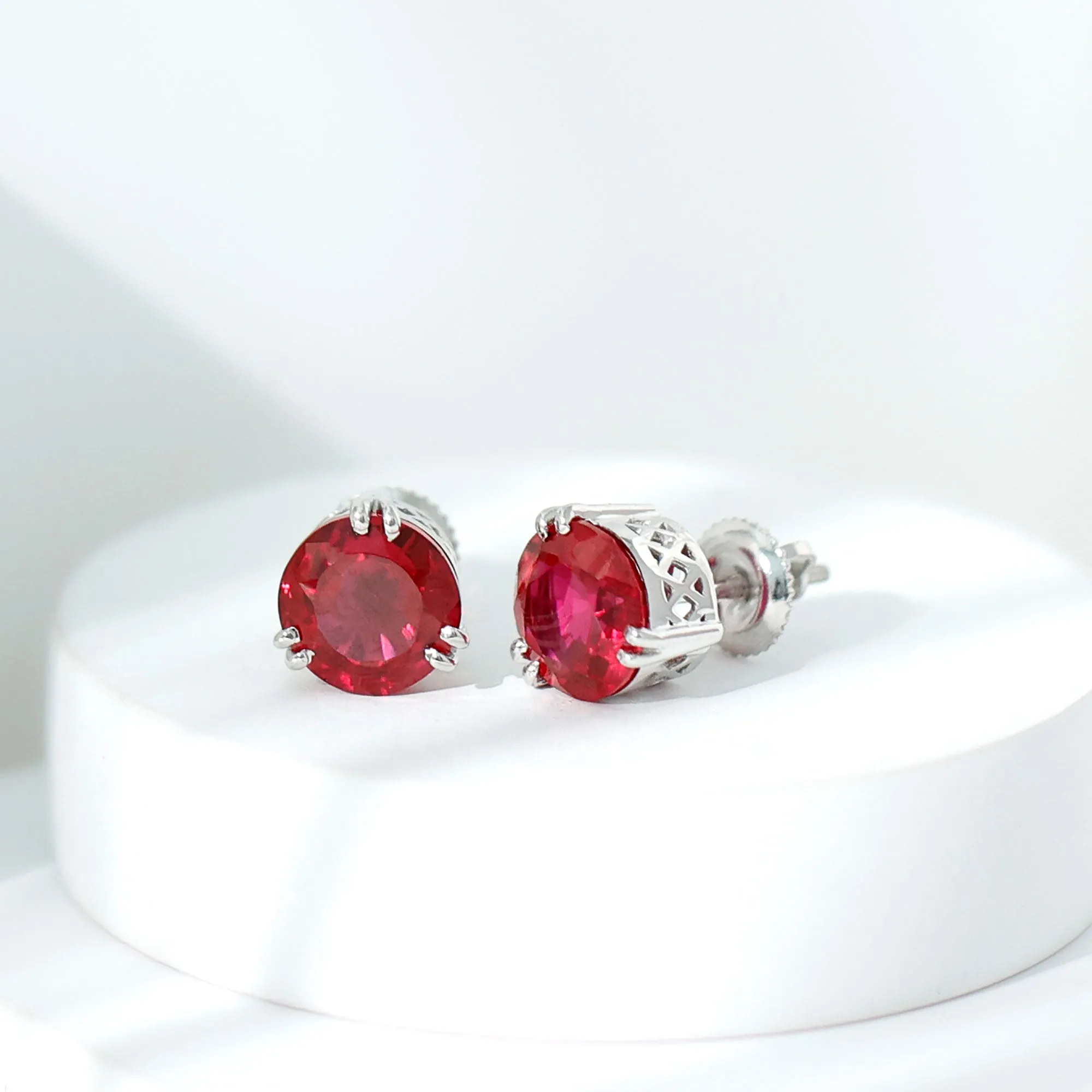 8 MM Lab Created Ruby Solitaire Silver Stud Earrings for Women