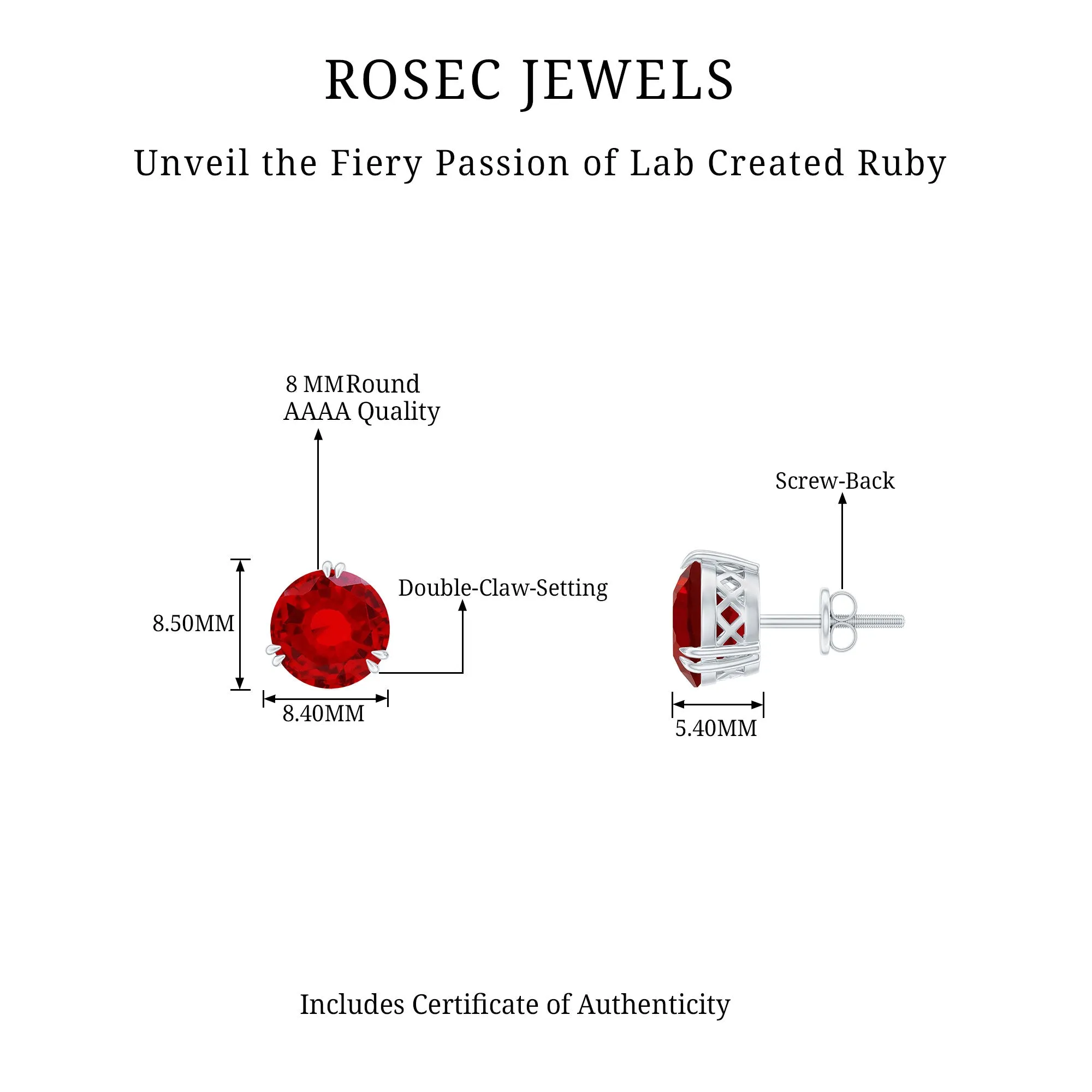 8 MM Lab Created Ruby Solitaire Silver Stud Earrings for Women