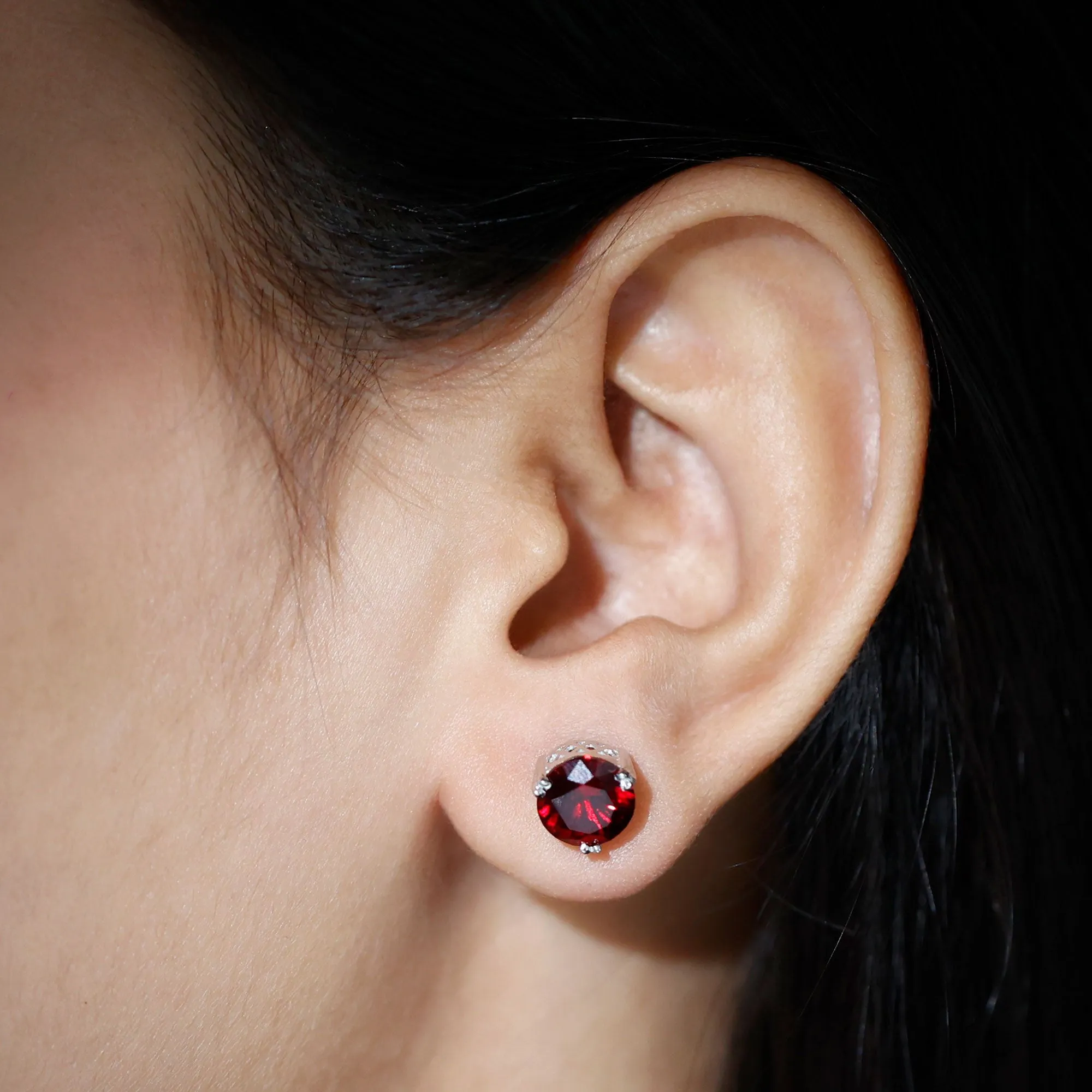 8 MM Lab Created Ruby Solitaire Silver Stud Earrings for Women