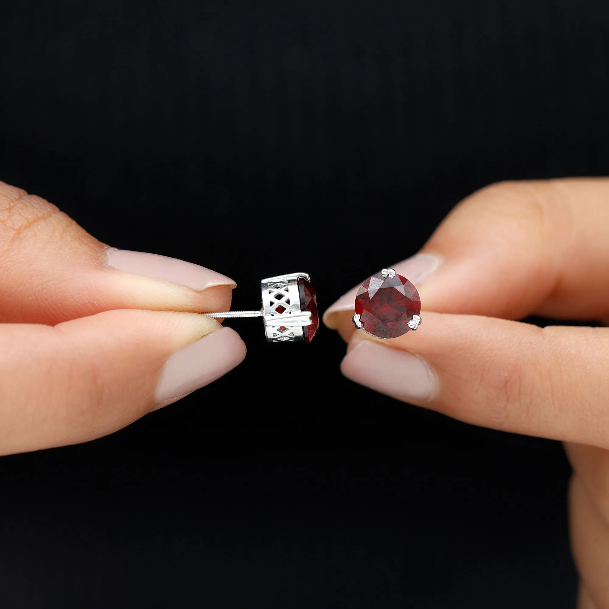 8 MM Lab Created Ruby Solitaire Silver Stud Earrings for Women