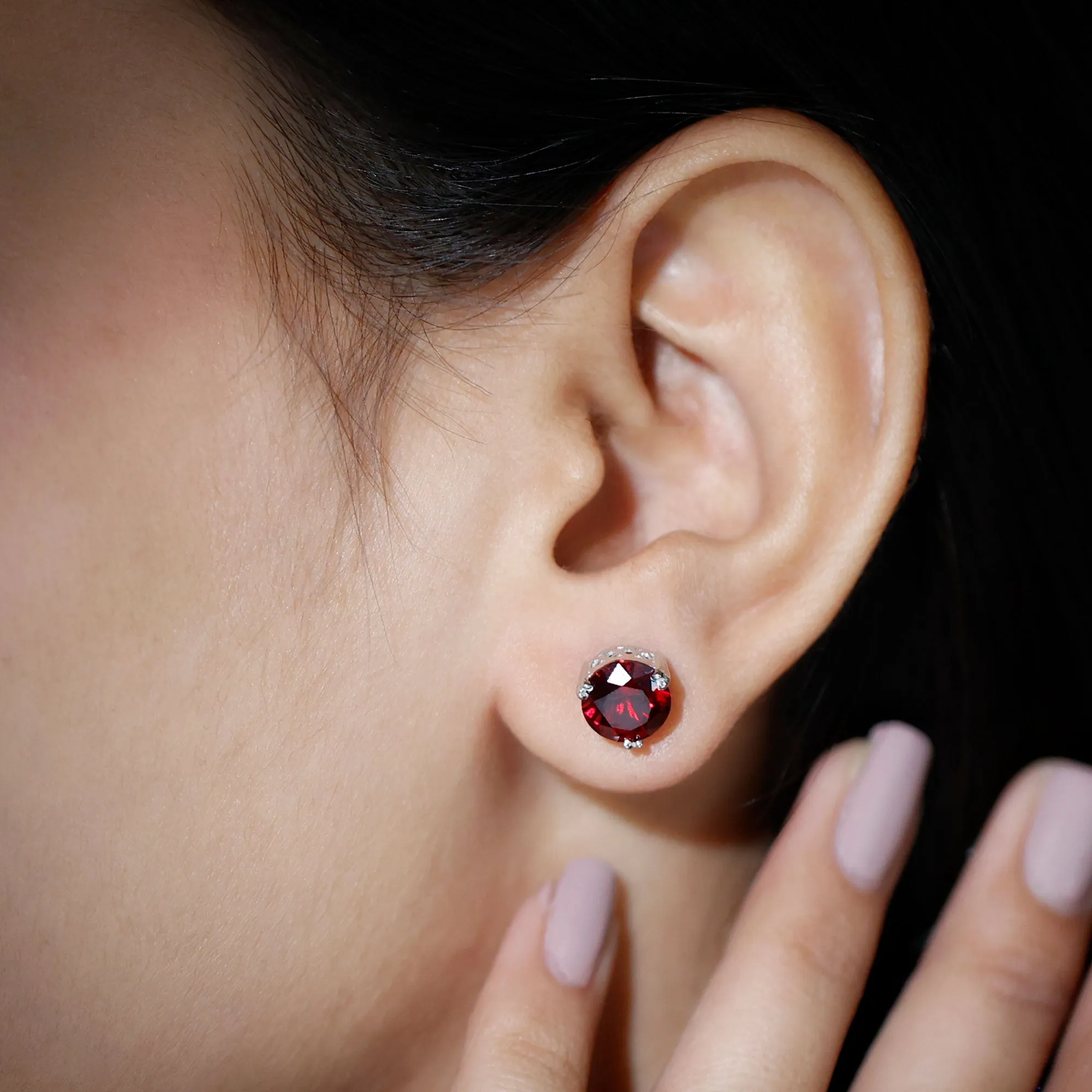 8 MM Lab Created Ruby Solitaire Silver Stud Earrings for Women