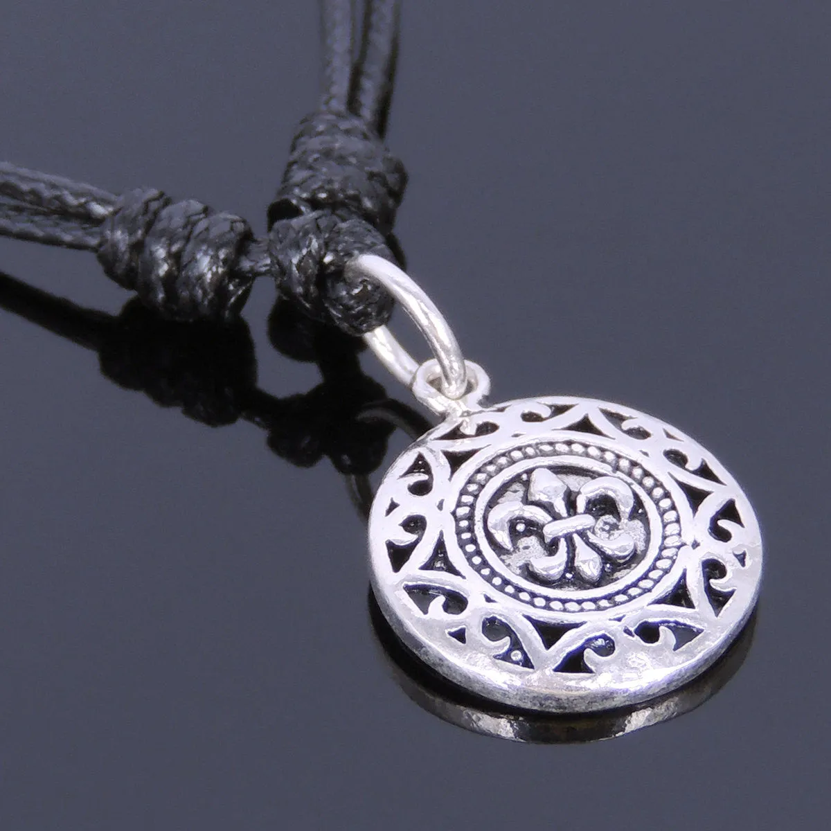 925 Sterling Silver Fleur de Lis Pendant Handmade Adjustable Wax Rope Necklace Men Women DiyNotion NK008