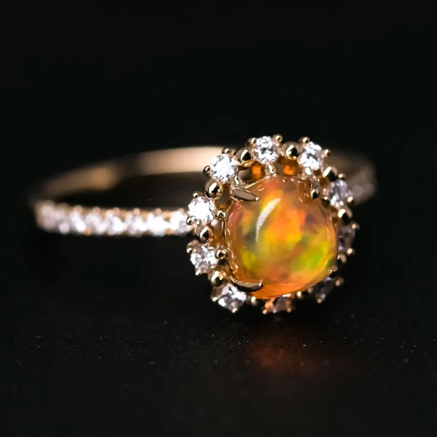 Adorable Orange Fire Opal & Halo Diamond Engagement Ring 18K Yellow Gold