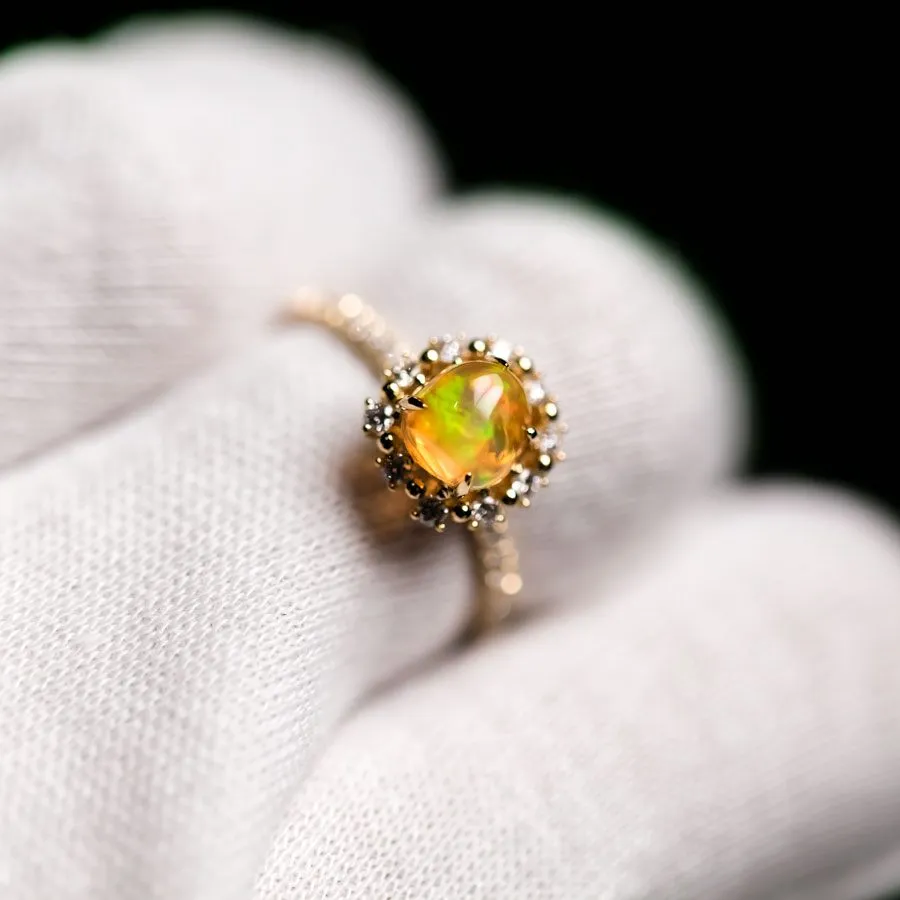 Adorable Orange Fire Opal & Halo Diamond Engagement Ring 18K Yellow Gold