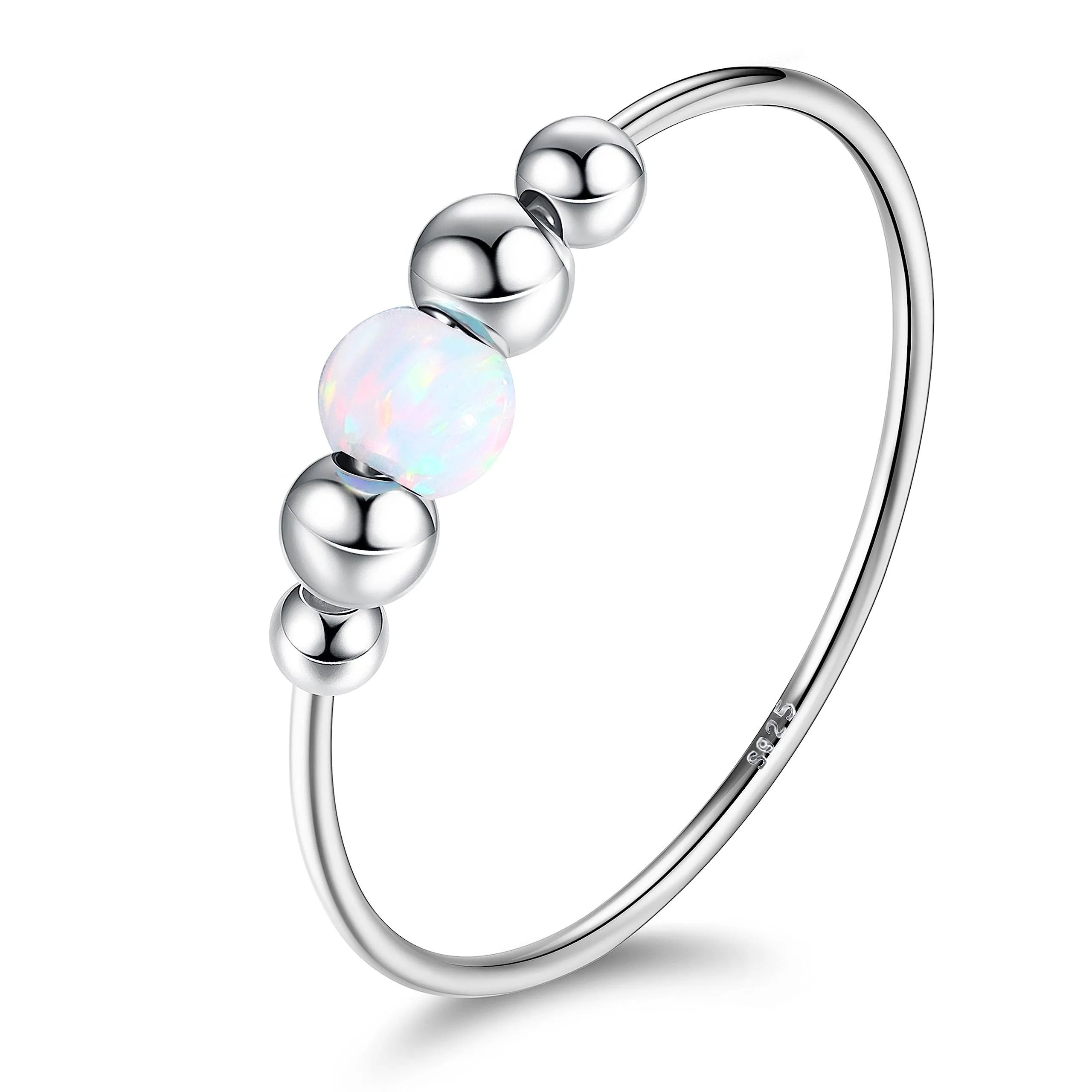 ADRAMATA 925 Sterling Silver Fidget Rings for Anxiety for Women Anxiety Relief Bead Spinner Rings Handmade Opal Ring 18K White Gold Plated Anxiety Ring for Women Anti Anxiety Ring Size 6