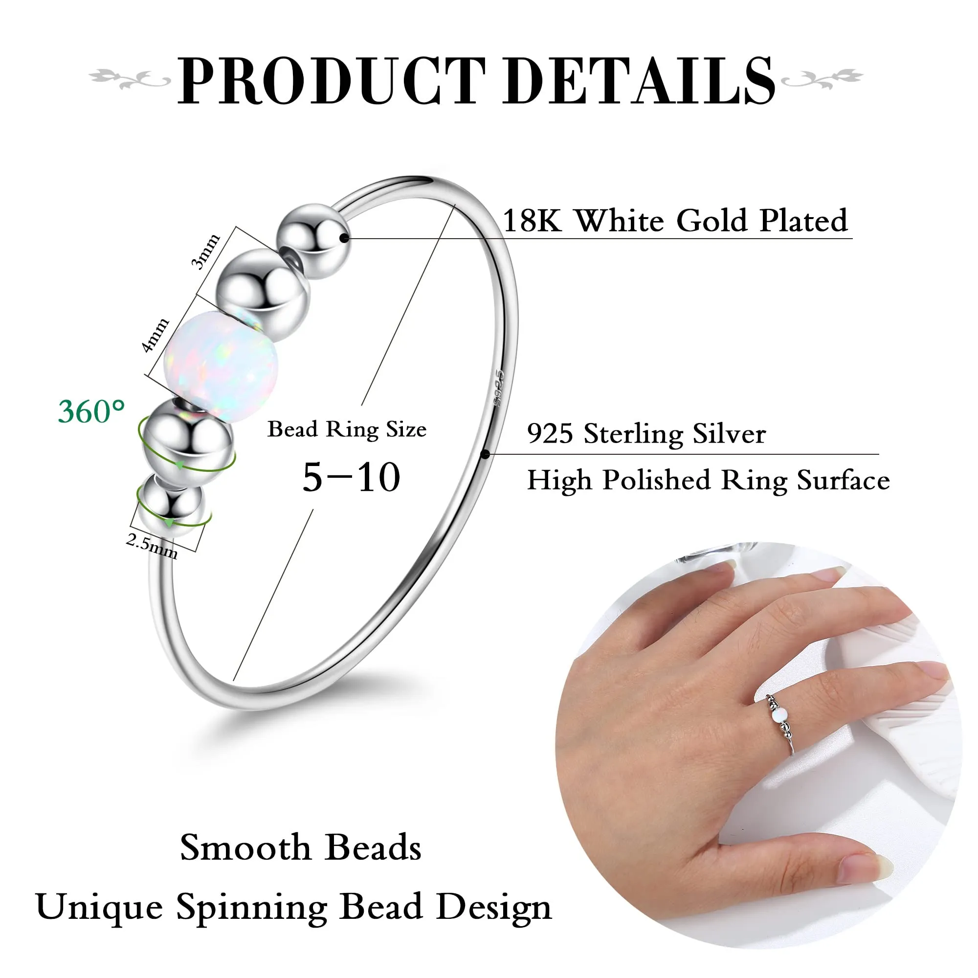 ADRAMATA 925 Sterling Silver Fidget Rings for Anxiety for Women Anxiety Relief Bead Spinner Rings Handmade Opal Ring 18K White Gold Plated Anxiety Ring for Women Anti Anxiety Ring Size 6