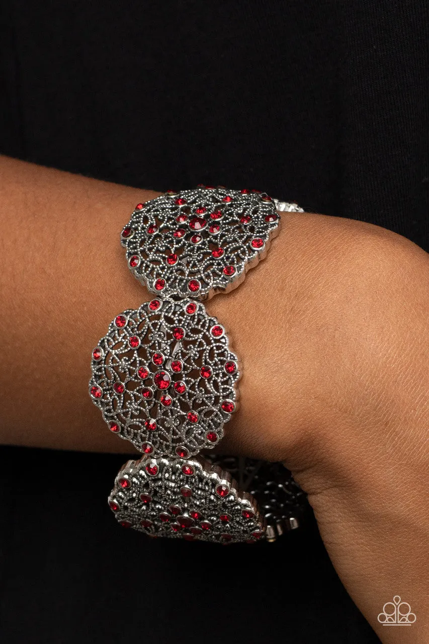 All in the Details - Red - Rhinestone Silver Filigree Stretchy Bracelet