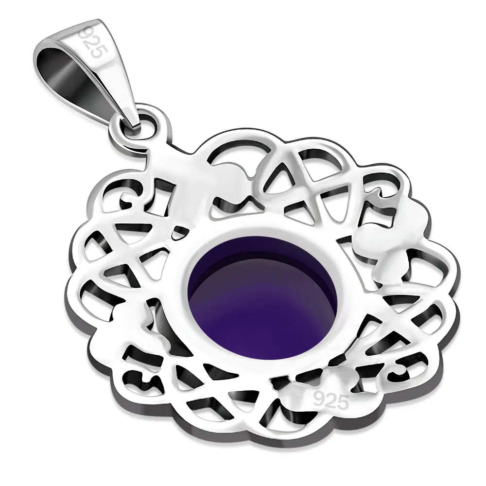 Amethyst Stone Celtic Knot Shamrock leaves Silver Pendant