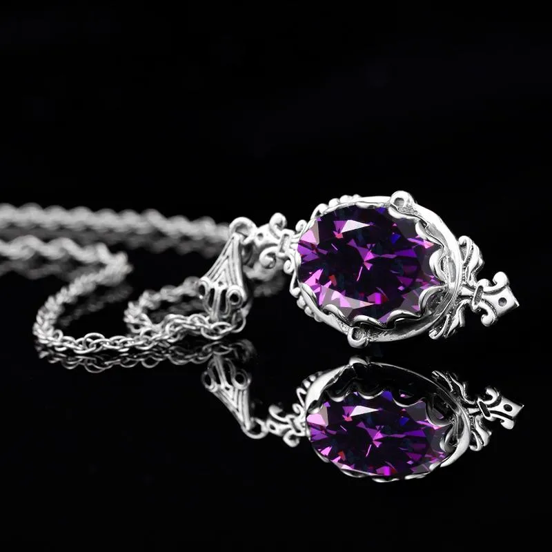 Amethyst Vintage Pendant Gemstone Church Flower Carved Purple Gems Pendants Necklace 925 Sterling Silver Jewelry