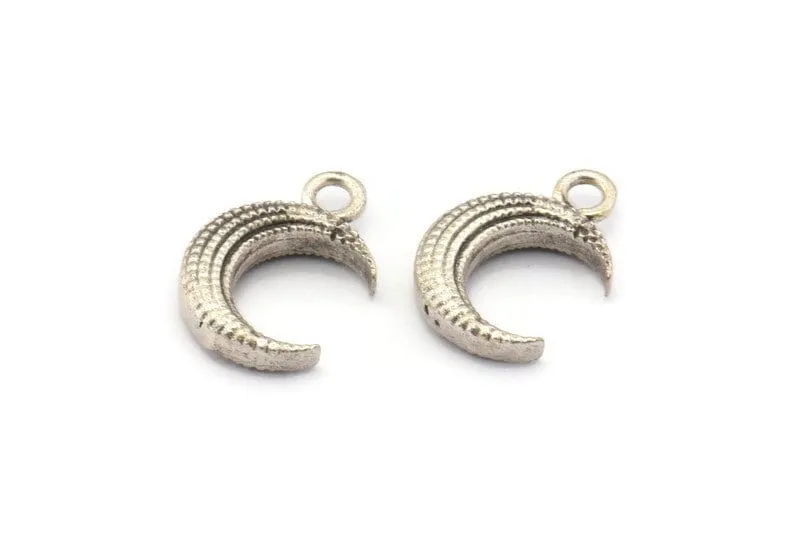 Antique Silver Moon Charm, 6 Antique Silver Plated Brass Textured Horn Charms With 1 Loop, Pendant (12x3.6x3.65mm) N0302