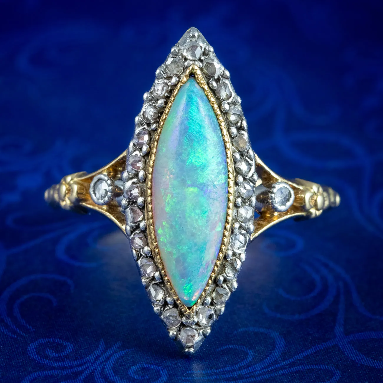 Antique Victorian French Opal Diamond Navette Ring 2.5ct Opal