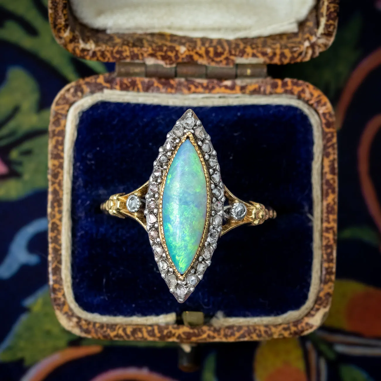 Antique Victorian French Opal Diamond Navette Ring 2.5ct Opal