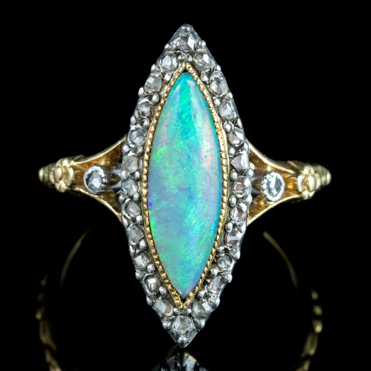 Antique Victorian French Opal Diamond Navette Ring 2.5ct Opal