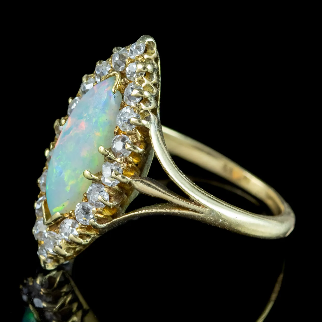 Antique Victorian Opal Diamond Navette Cluster Ring 1ct Opal