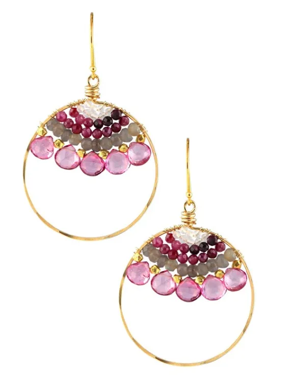 AVF Gold Pink Topaz, Gray Moonstone, Ruby & Moonstone Front Facing Hoop Earrings (SI6700)