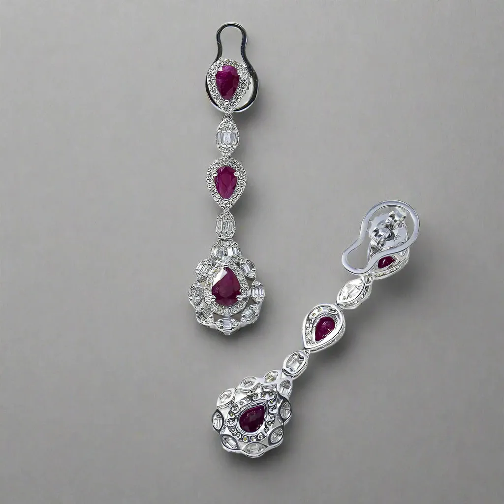 Baylor Ruby & Diamond Three Tier Drop Earrings in 14K White Gold