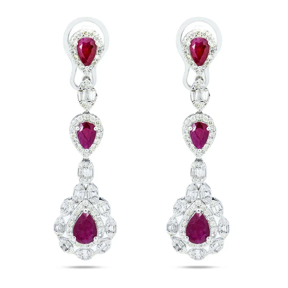 Baylor Ruby & Diamond Three Tier Drop Earrings in 14K White Gold