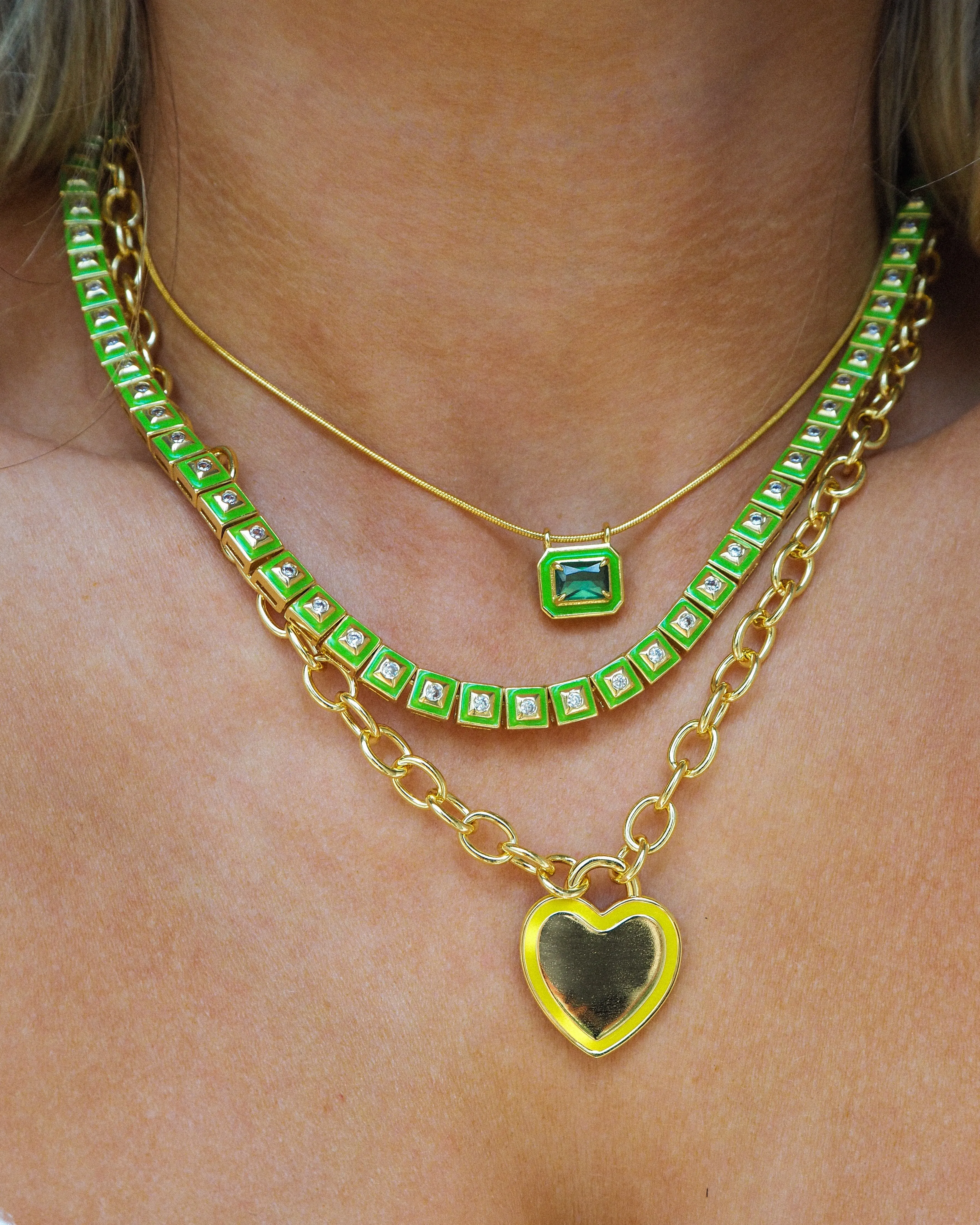 Bezel Pendant Necklace - Bright Green - Gold | Plated Gold