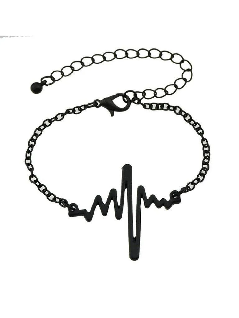 Black Chain With Heartbeat Charm Bracelet