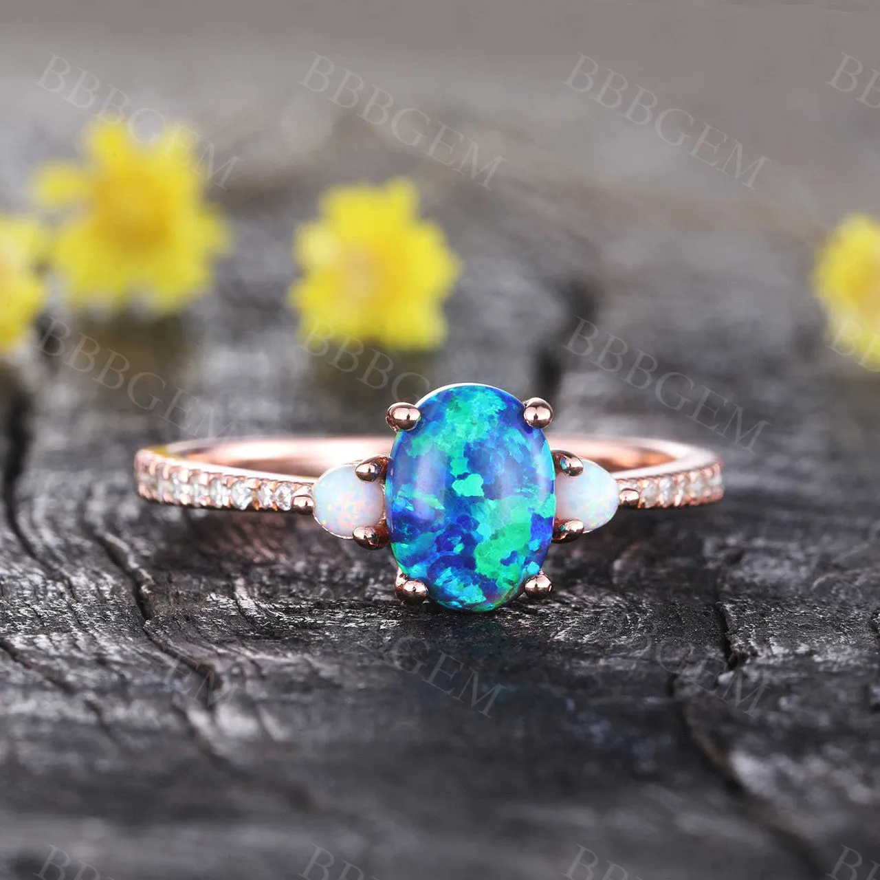 Black Opal Engagement Ring Diamond Wedding Ring 6x8mm Oval Birthstone Ring