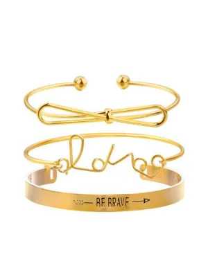 Bow & Letter Detail Bracelets Set 3pcs