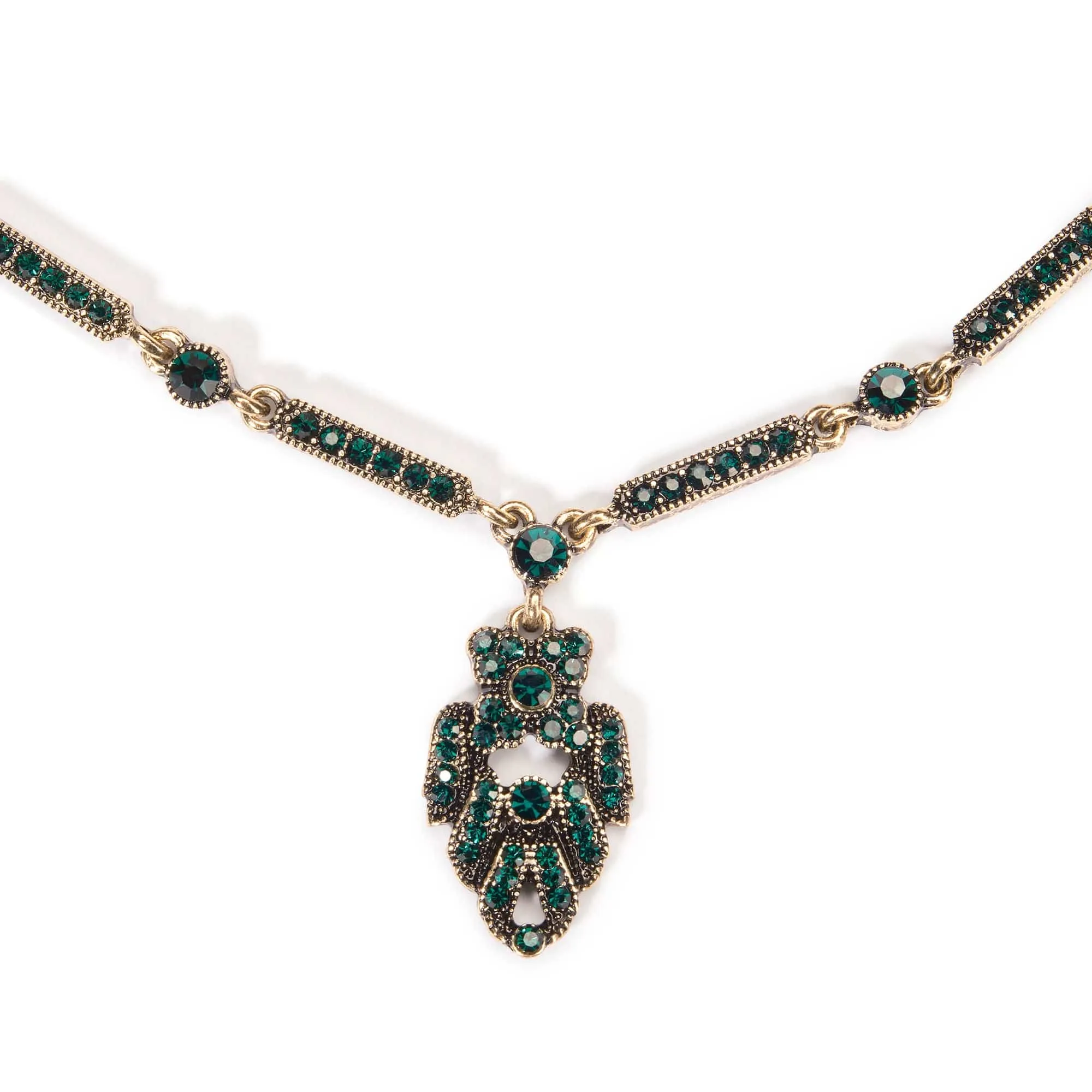 Brass and Emerald Art Deco pendant Necklace: 1920s crystal necklace