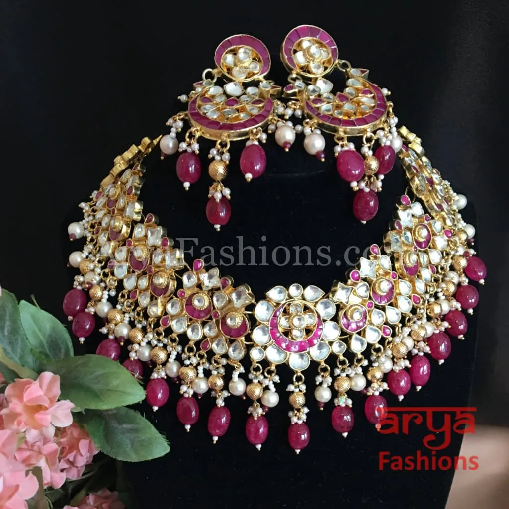 Bridal Ruby Kundan Necklace with Ruby and Pearl Drops