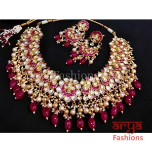 Bridal Ruby Kundan Necklace with Ruby and Pearl Drops