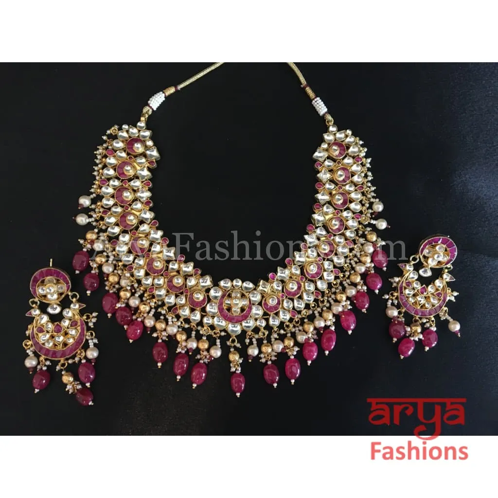 Bridal Ruby Kundan Necklace with Ruby and Pearl Drops