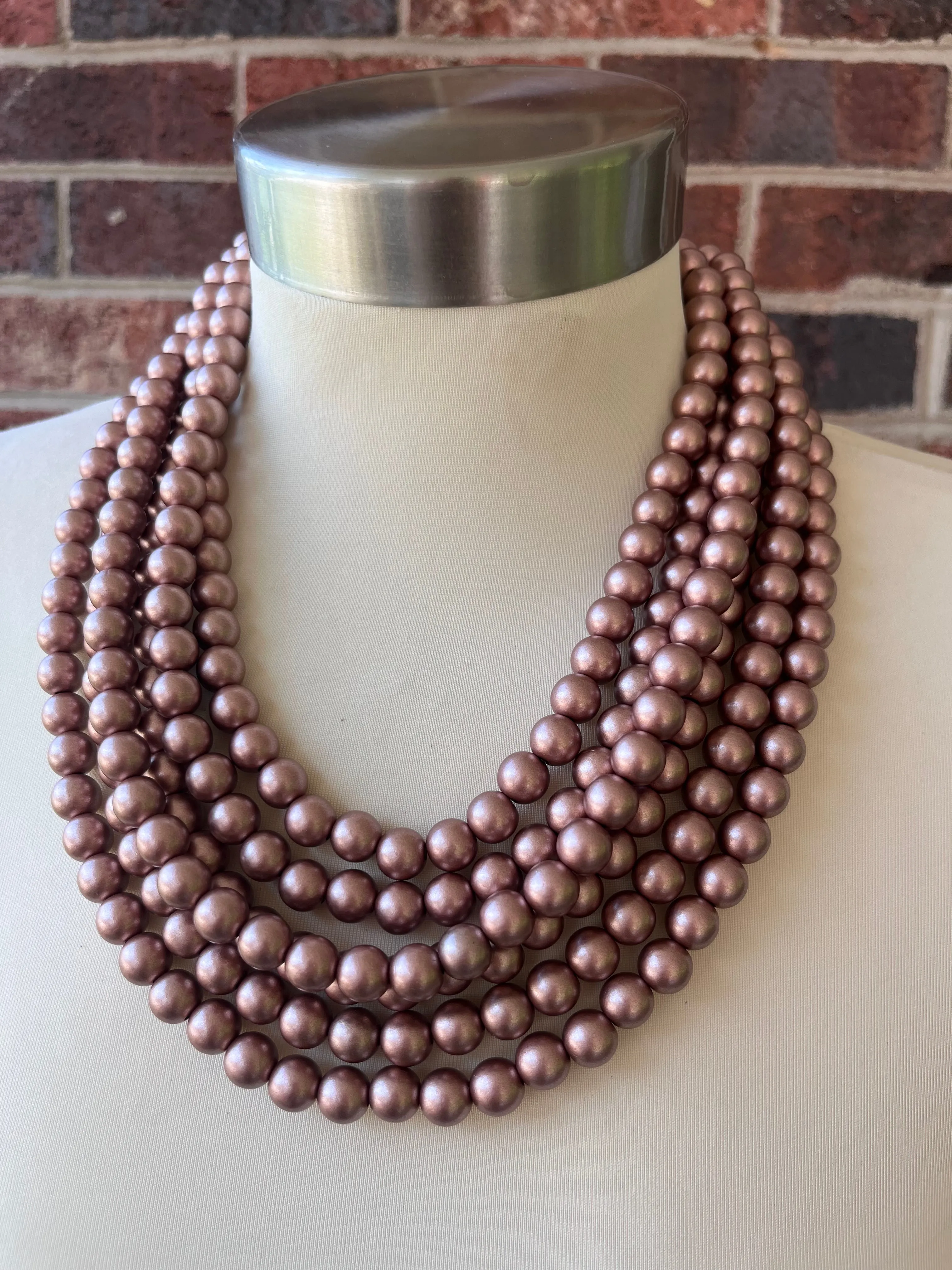 Bronze Rose Gold Matte Small Beaded Acrylic Chunky Multi Strand Statement Necklace - Alana