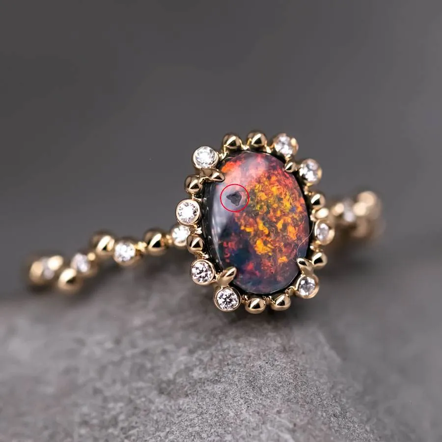 Bubble Tea Design Black Opal Diamond Engagement Ring 18K Yellow Gold