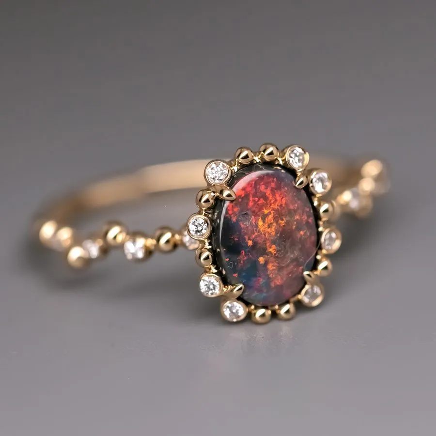 Bubble Tea Design Black Opal Diamond Engagement Ring 18K Yellow Gold