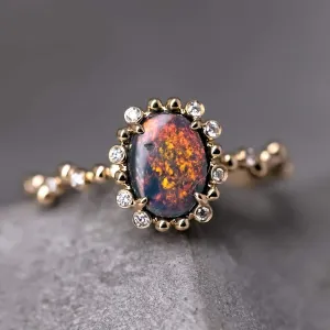 Bubble Tea Design Black Opal Diamond Engagement Ring 18K Yellow Gold