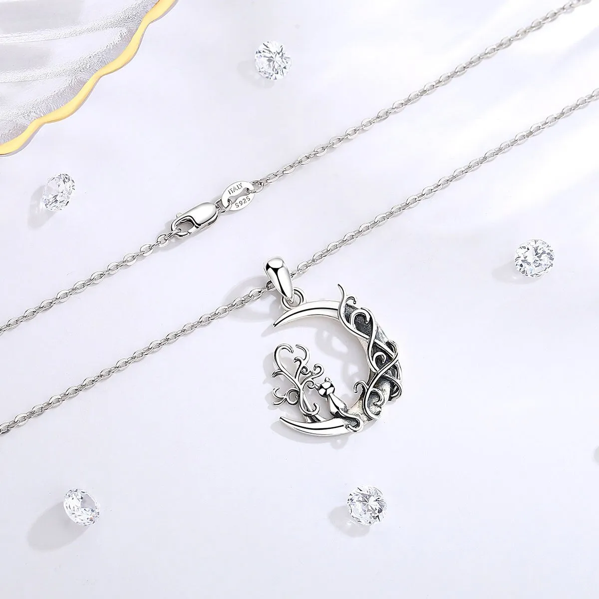 Cat tree of Life Pendant Necklace Cat Sit on Moon Necklace Woman Charm Jewelry