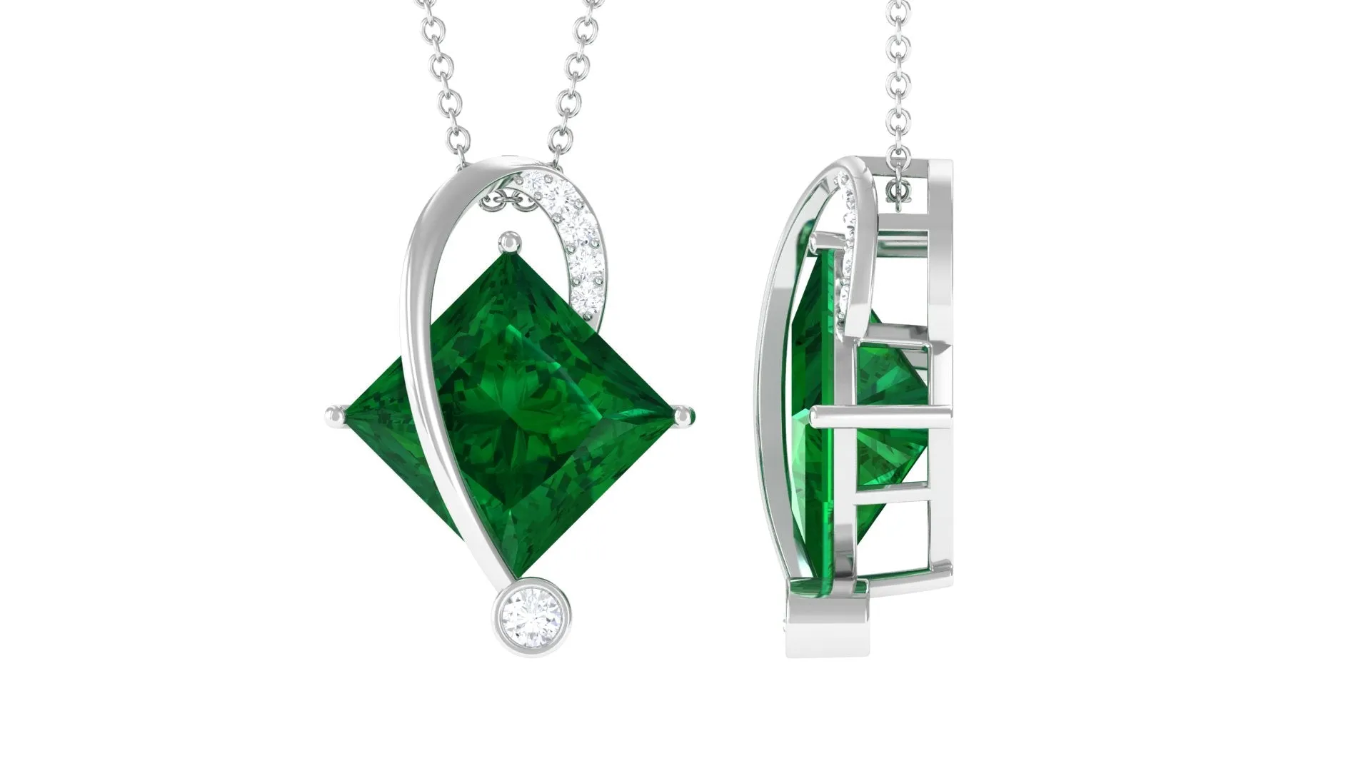 Certified Created Emerald Princess Cut Solitaire Diagonal Pendant with Diamond