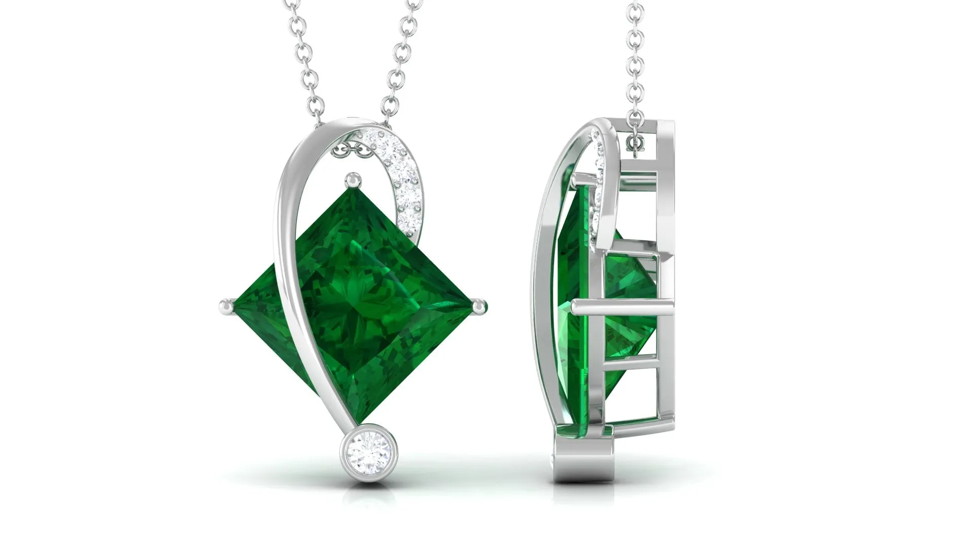 Certified Created Emerald Princess Cut Solitaire Diagonal Pendant with Diamond