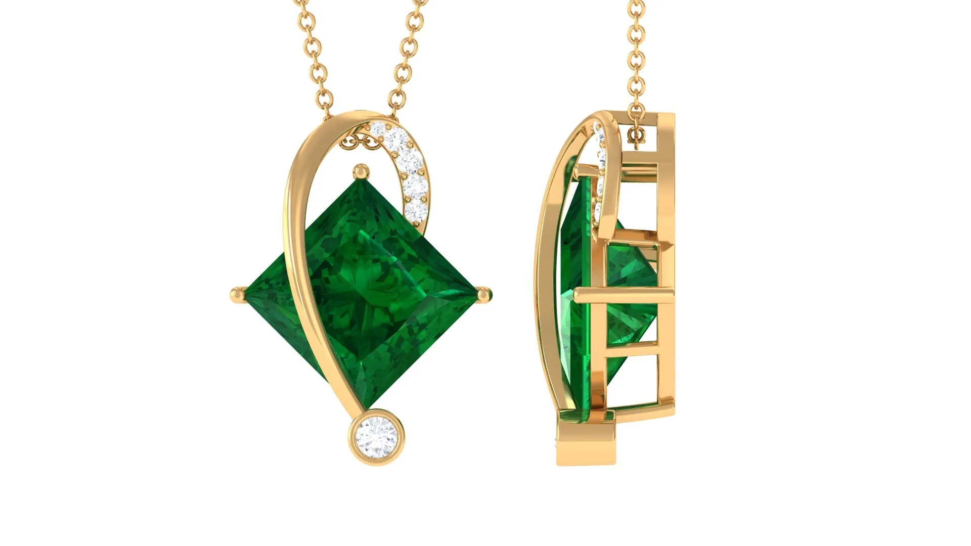 Certified Created Emerald Princess Cut Solitaire Diagonal Pendant with Diamond